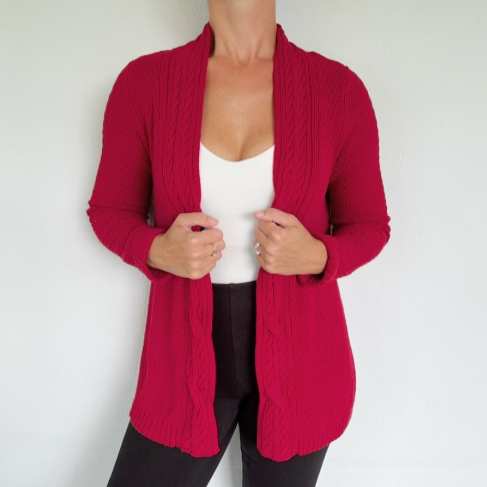Croft & Barrow red cable knit open drape front cotton cardigan sweater small